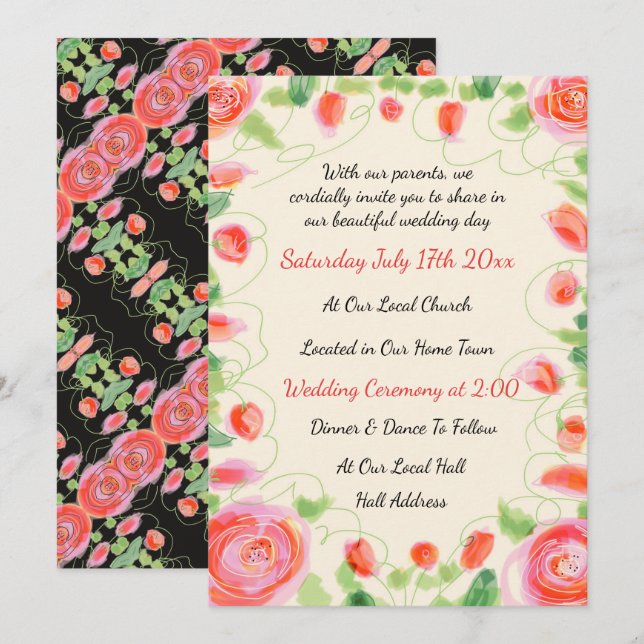 Hermosa invitación a la boda de flores (Anverso / Reverso)