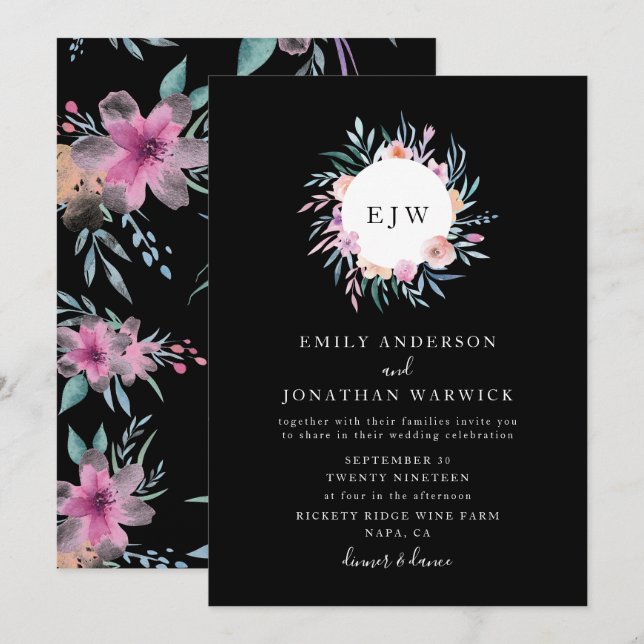 Hermosa invitación a la boda de la flor pintada (Anverso / Reverso)