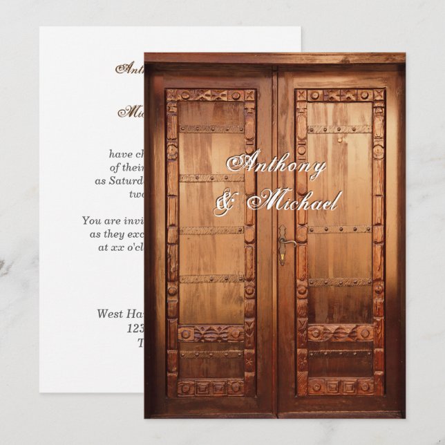 Hermosa invitación a la boda de la puerta de mader (Anverso / Reverso)