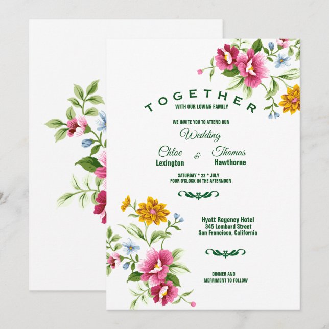 Hermosa invitación a la boda de las flores de prim (Anverso / Reverso)