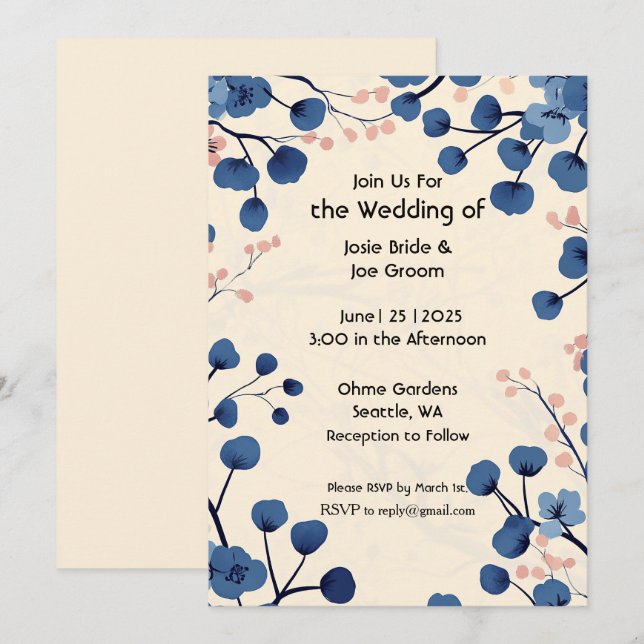 Hermosa invitación a la boda en flor de cerezo azu (Anverso / Reverso)