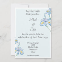 Hermosa invitación a la boda, flores azules y azul
