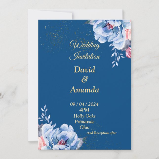 Hermosa invitación a la boda, flores azules y azul (Anverso)