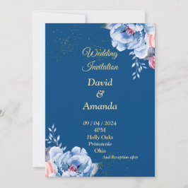 Hermosa invitación a la boda, flores azules y azul