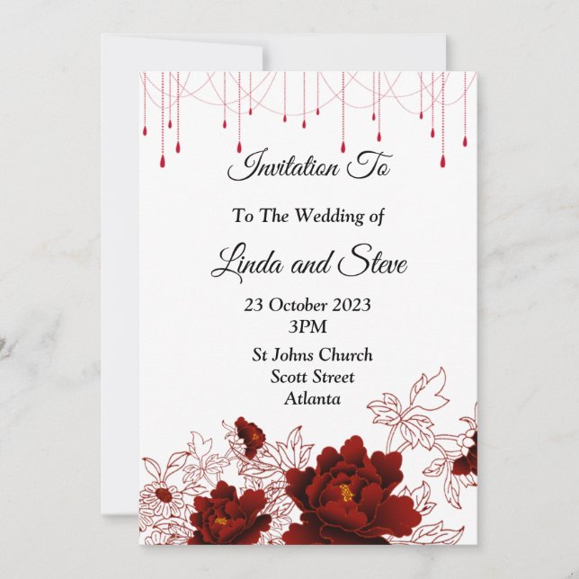 Hermosa invitación a la boda, flores rojas (Anverso)