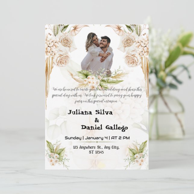 Hermosa invitación a la boda verde y beige (Anverso de pie)
