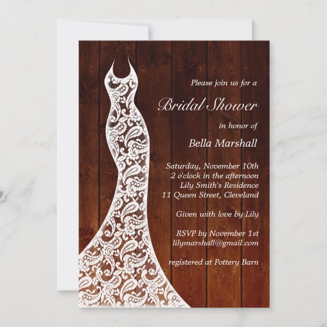 Hermosa Invitación a la ducha de novia de madera (Anverso)