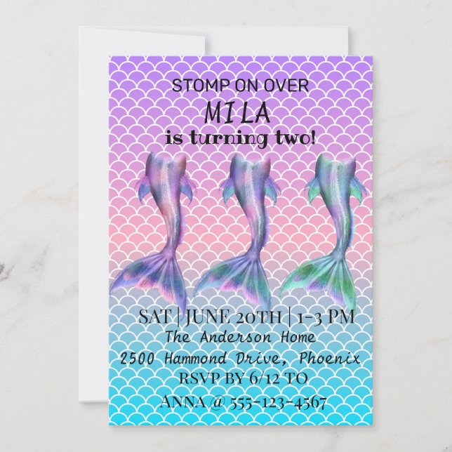 Hermosa invitación a la sirena para el cumpleaños (Anverso)