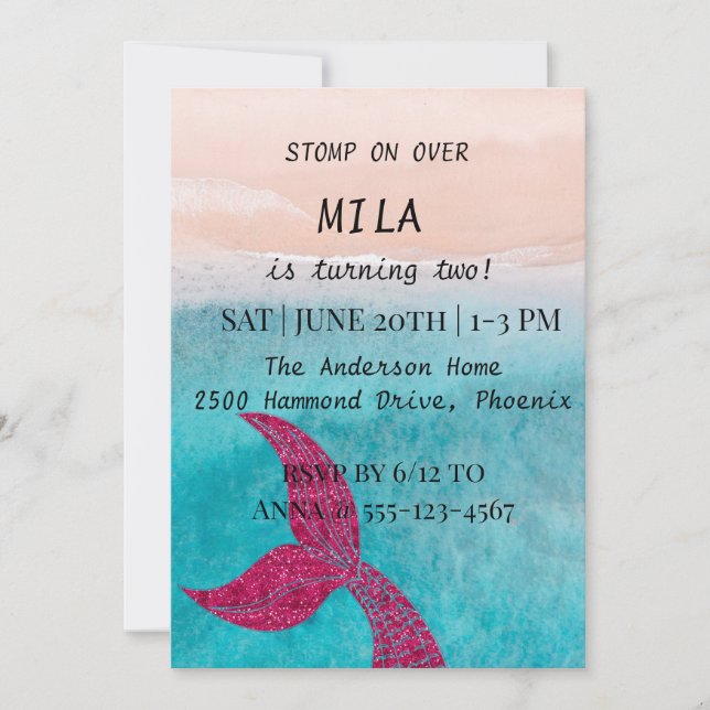 Hermosa invitación a la sirena para el cumpleaños (Anverso)