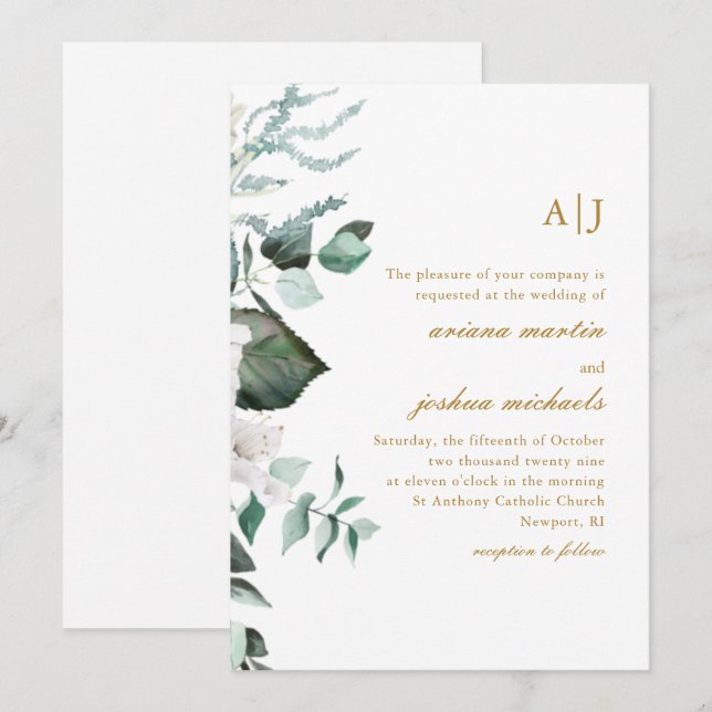 Hermosa invitación a Monograma de Flora Blanca y V (Anverso / Reverso)