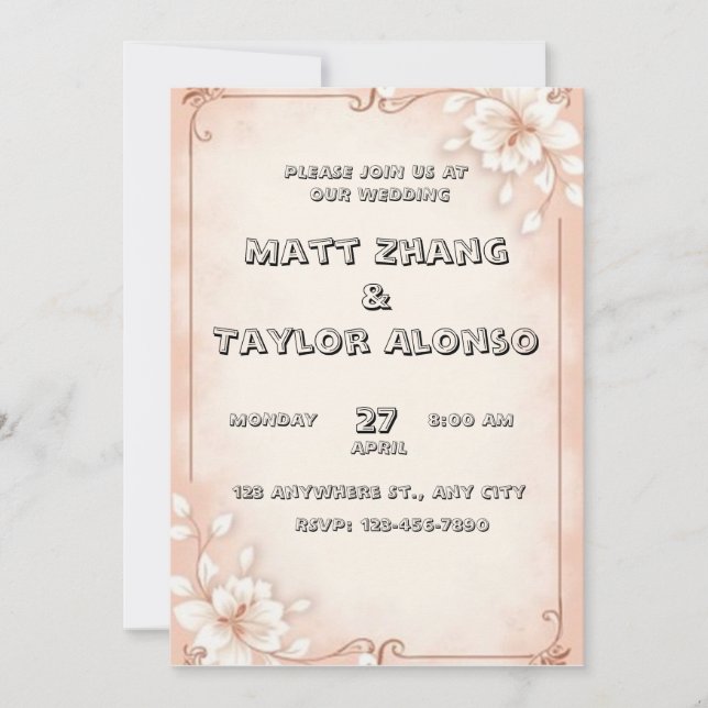 Hermosa invitación a una boda con un fondo rosa (Anverso)