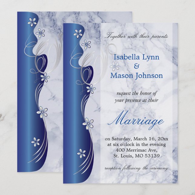 Hermosa invitación a una boda de mármol azul profu (Anverso / Reverso)