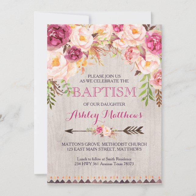Hermosa invitación al BAPTISM con flores rosas (Anverso)