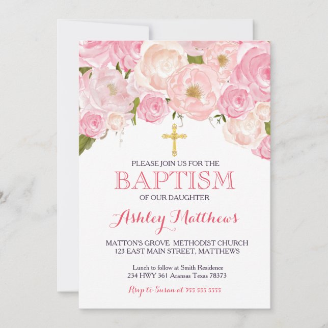 Hermosa invitación al BAPTISMO Floral Rosa (Anverso)