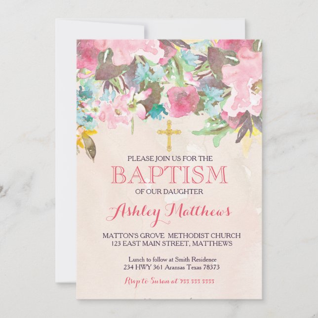 Hermosa invitación al BAPTISMO Floral Rosa (Anverso)