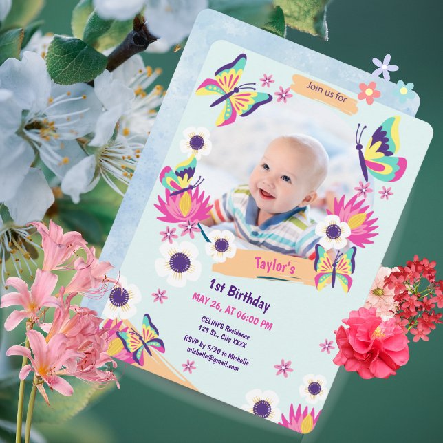 Hermosa invitación al cumpleaños de la mariposa co (Beautiful Butterfly Birthday Invitation with Photo)