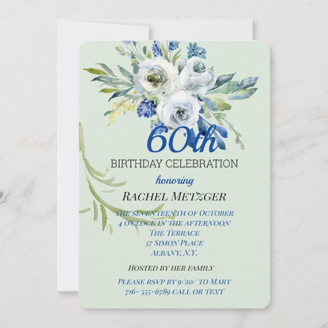 Hermosa Invitación al cumpleaños floral azul y de  (Anverso)