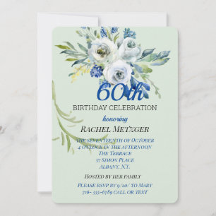 Hermosa Invitación al cumpleaños floral azul y de