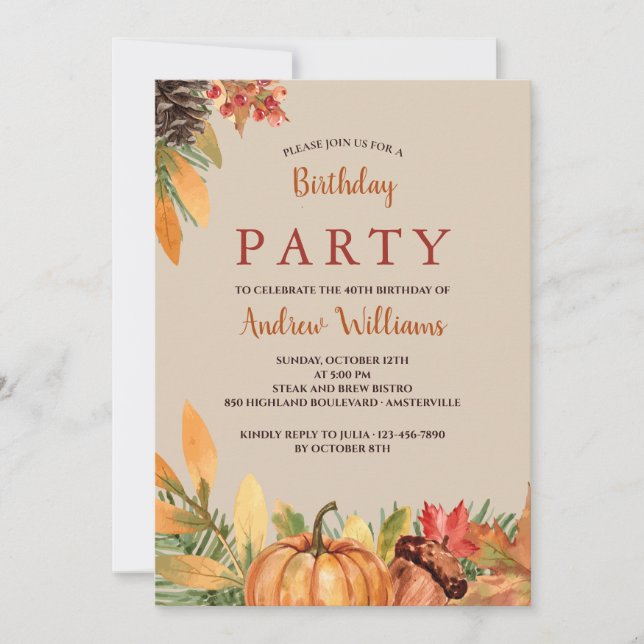 Hermosa invitación al cumpleaños otoño (Anverso)