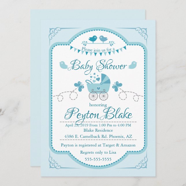Hermosa invitación azul buggy a Baby Shower (Anverso / Reverso)