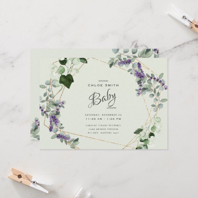 Hermosa invitación Baby Shower de Lavender Foliage (Anverso/Reverso In Situ)