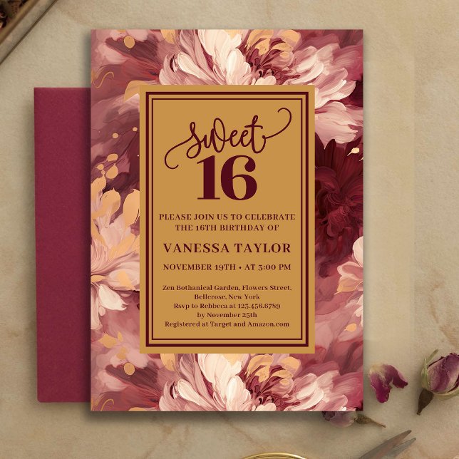 Hermosa Invitación Boho de Dulces Dieciséis Burgun (Beautiful Sweet Sixteen Burgundy Blush Boho Invite)