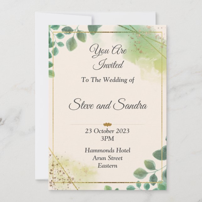 Hermosa invitación de boda, acuarela verde (Anverso)