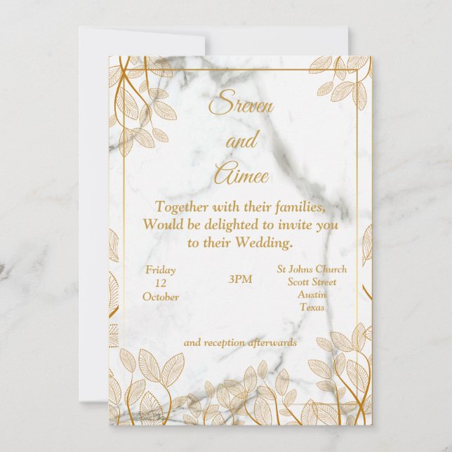 Hermosa invitación de boda, arte de línea dorada (Anverso)