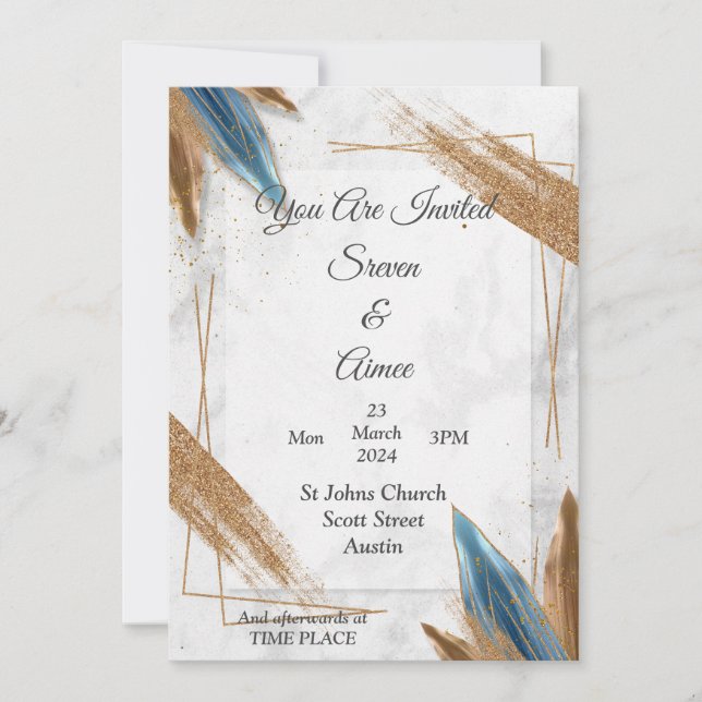 Hermosa invitación de boda, dorado, azul, blanco (Anverso)