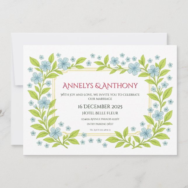 Hermosa invitación de boda floral azul verde (Reverso)