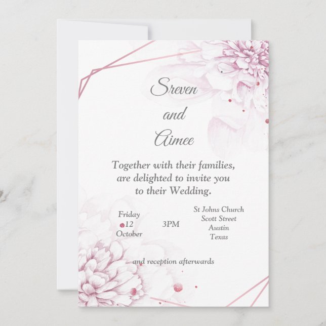 Hermosa invitación de boda, flores rosadas (Anverso)