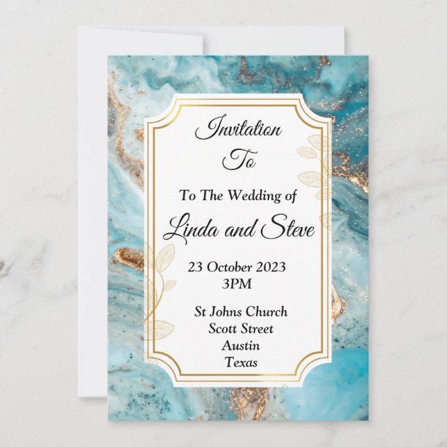 Hermosa invitación de boda, mármol azul dorado (Anverso)