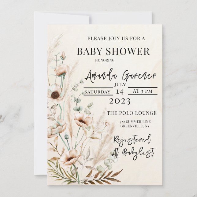 Hermosa invitación de Boho Flower a Baby Shower (Anverso)