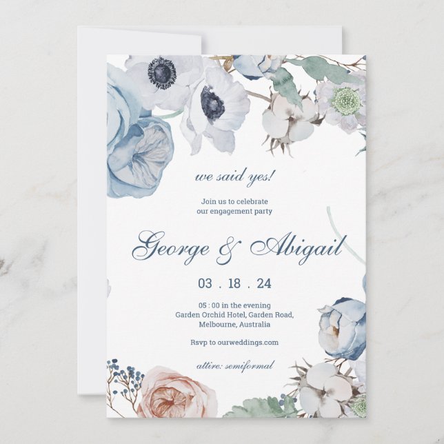 Hermosa invitación de compromiso de Blue Florals (Anverso)