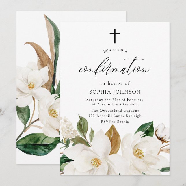 Hermosa invitación de confirmación de flores blanc (Anverso / Reverso)