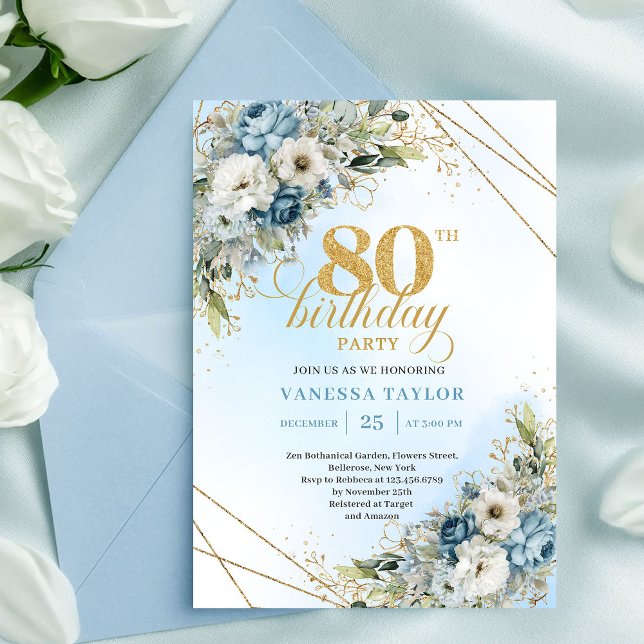 Hermosa invitación de cumpleaños 80 dorado marco a (Beautiful 80th Birthday Invitation Gold Frame Blue Flowers)