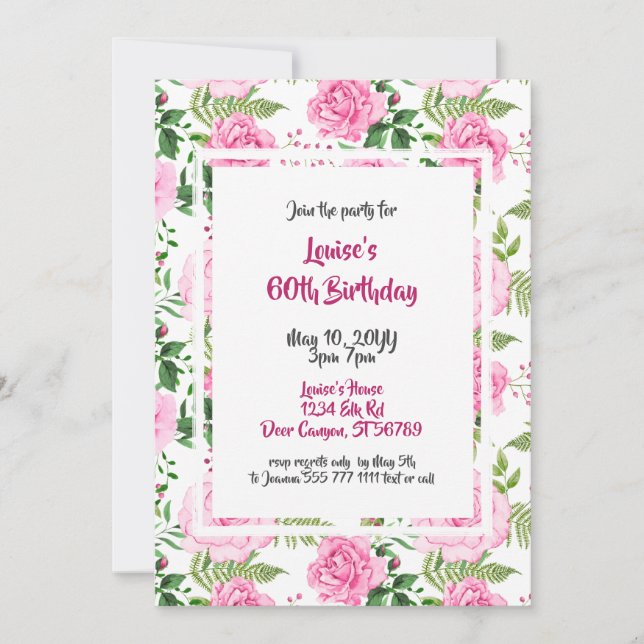 Hermosa invitación de cumpleaños a rosas rosadas 6 (Anverso)