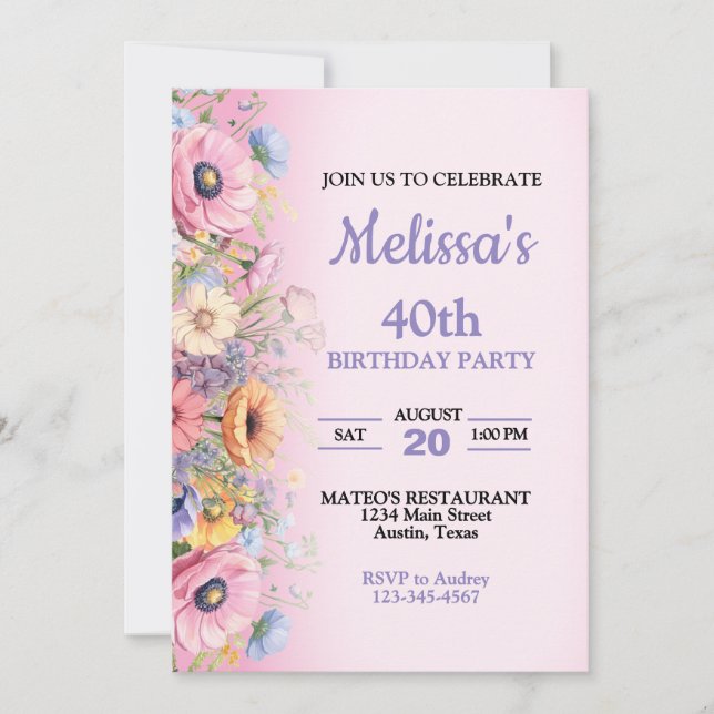 Hermosa Invitación de Cumpleaños con Flores Pastel (Anverso)