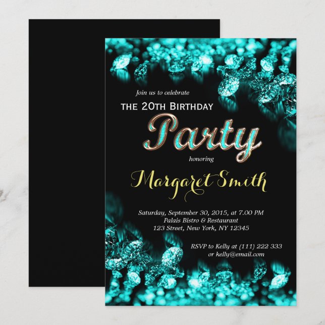 Hermosa invitación de cumpleaños de diamantes turq (Anverso / Reverso)