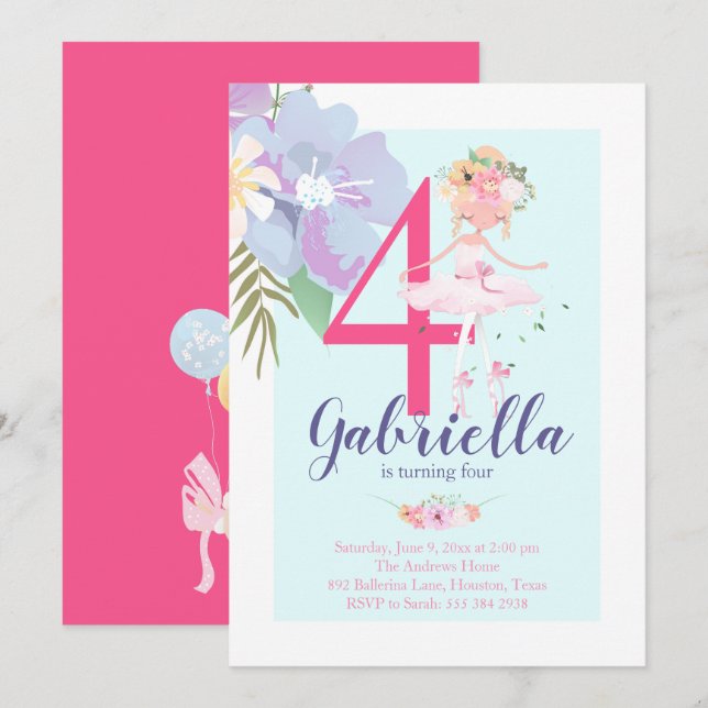 Hermosa Invitación de cumpleaños de Floral Balleri (Anverso / Reverso)