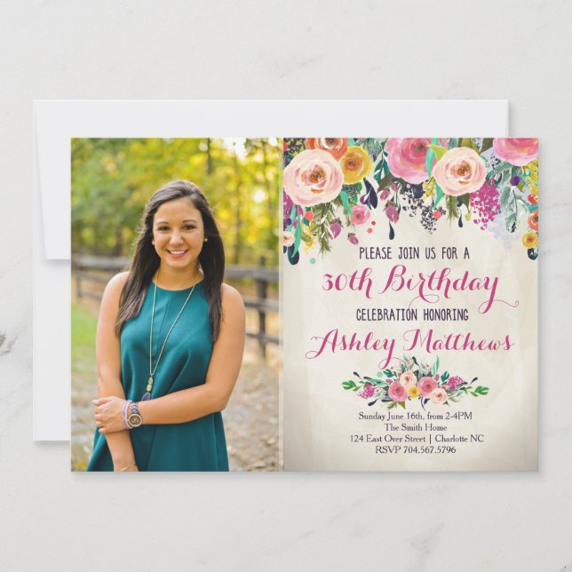 Hermosa Invitación de cumpleaños floral, (Anverso)