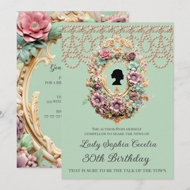 Hermosa invitación de cumpleaños floral de la Rege (Anverso / Reverso)