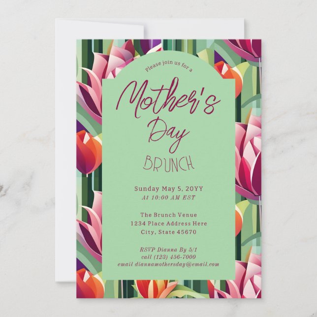 Hermosa Invitación Verde de Brunch Floral para el  (Anverso)