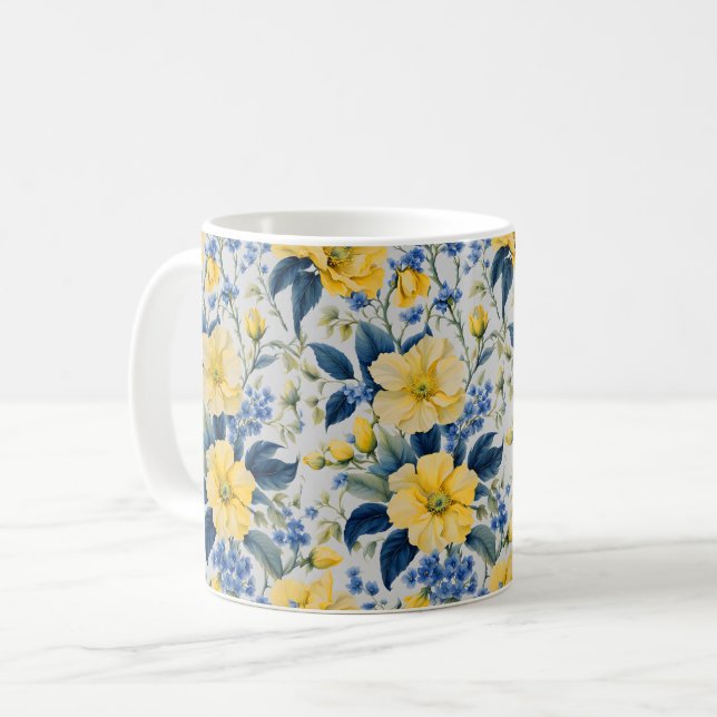 Hermosa jarra de flores amarillas y azules (Anverso izquierdo)