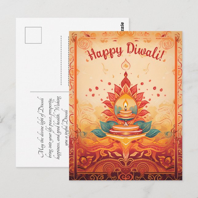 Hermosa lámpara Diya Postal Diwali (Anverso / Reverso)