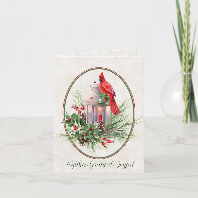 Hermosa linterna con acebo y Navidad cardenal (Anverso)