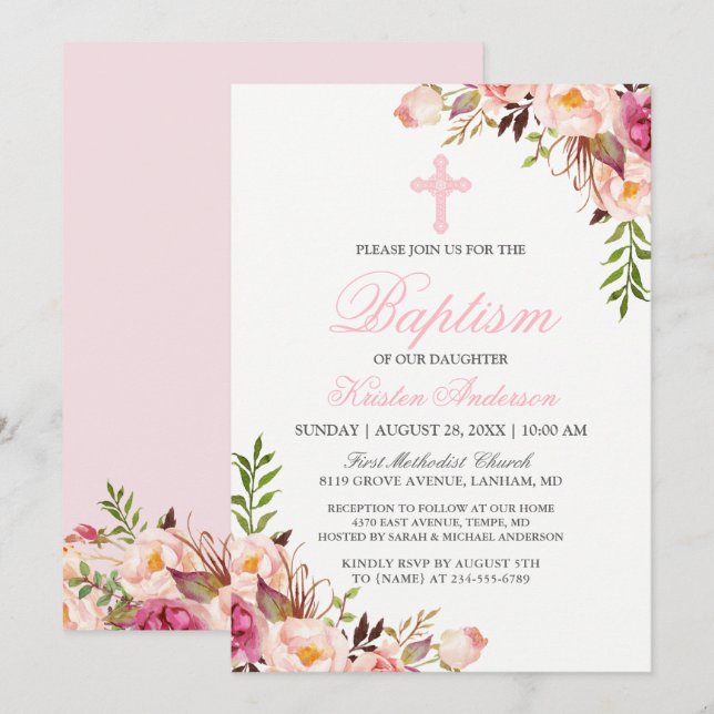 Hermosa Moda Pink Floral Baptism Invitación (Anverso / Reverso)