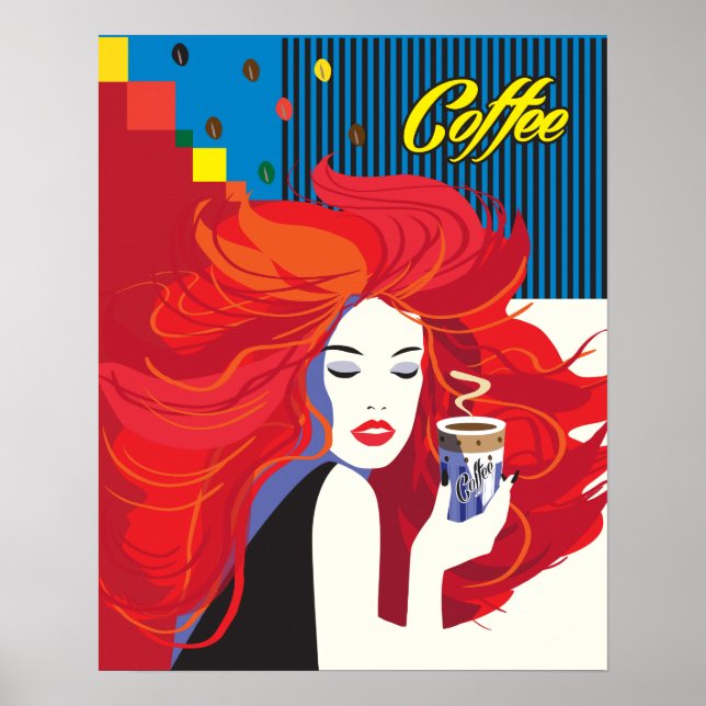 "Hermosa mujer de moda con Copa de Café" Arte pop (Frente)