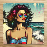 Hermosa mujer en arte pop de historietas de playa<br><div class="desc">Bonito generó la imagen de una mujer bonito en la playa usando gafas de sol con un arte pop de historietas al estilo de un libro de historietas en la playa del océano.</div>