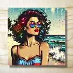 Hermosa mujer en arte pop de historietas de playa<br><div class="desc">Bonito generó la imagen de una mujer bonito en la playa usando gafas de sol con un arte pop de historietas al estilo de un libro de historietas en la playa del océano.</div>